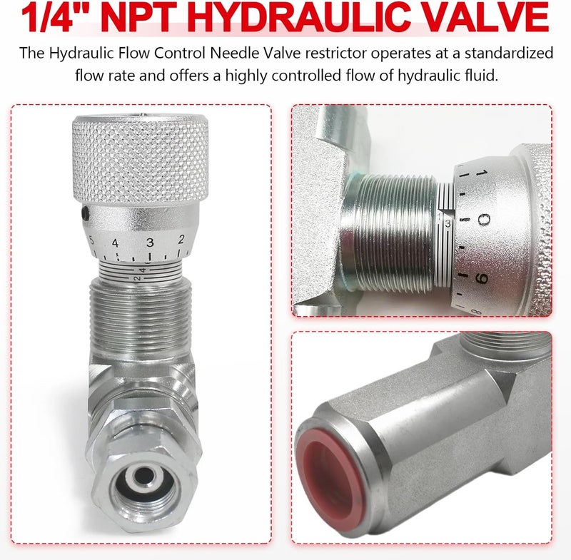 Cplbrb 1/4" NPT Hydraulic Flow Control Valve, 5000 PSI | One-Way Adjustable Speed Throttle Check Valve with 2 Pipe Adapters for Cylinder Control - Image 4